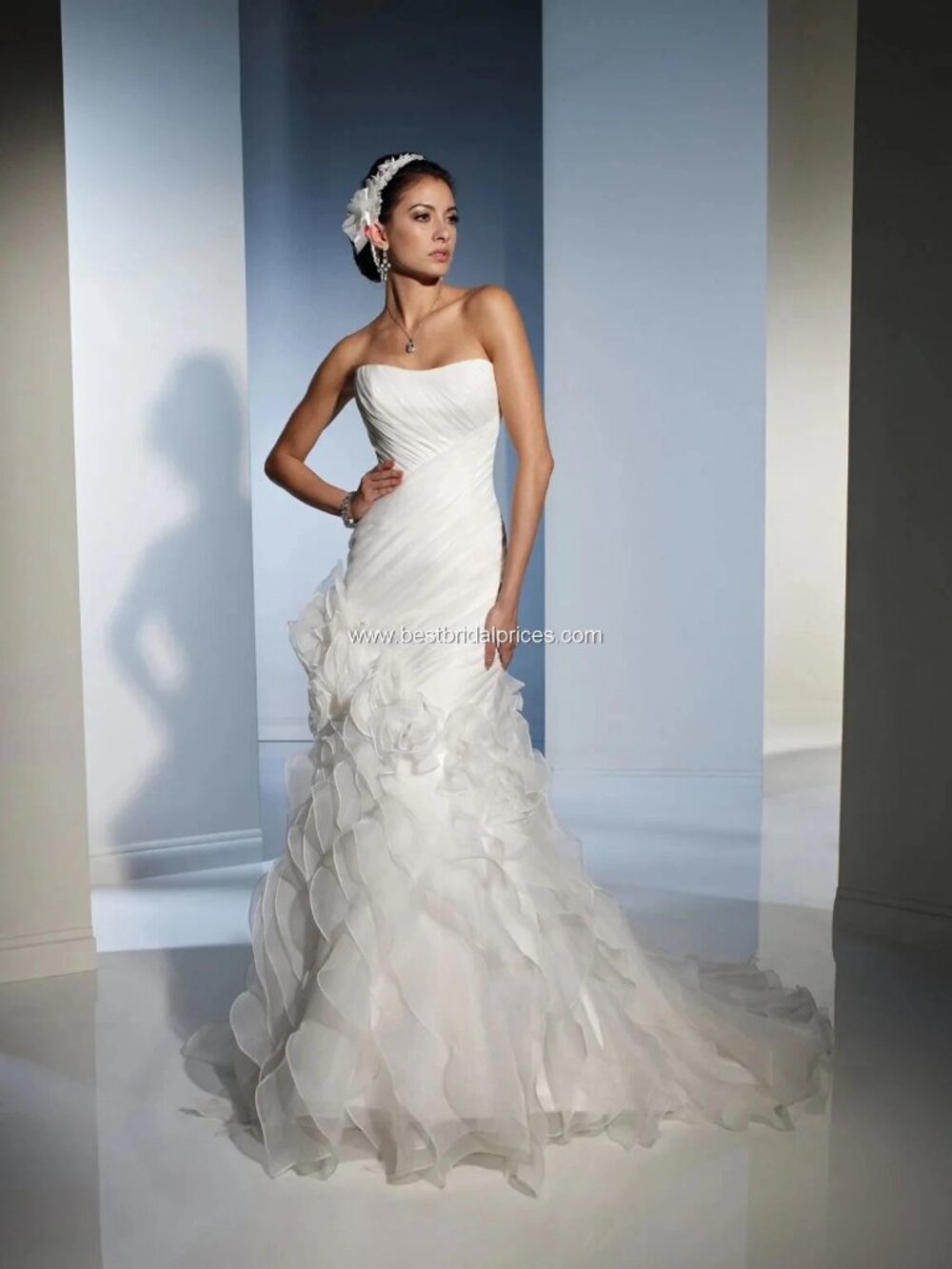 Sophia Tolli Ivory Strapless Pleated Floral Wedding Gown Dress